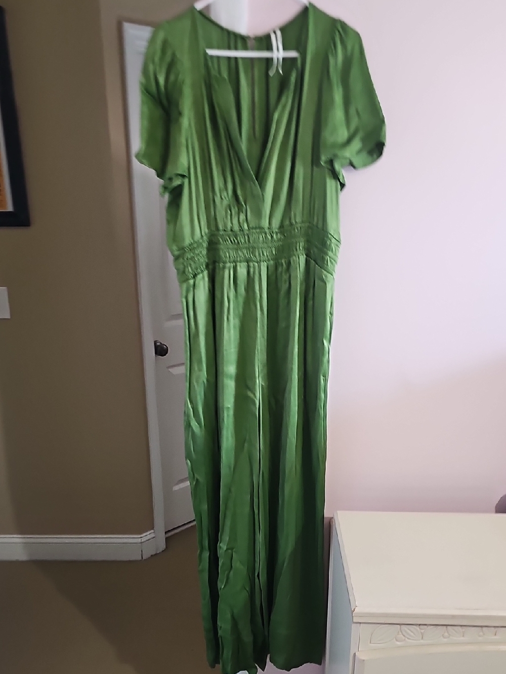 Anthropologie Green Satin Jumpsuit
